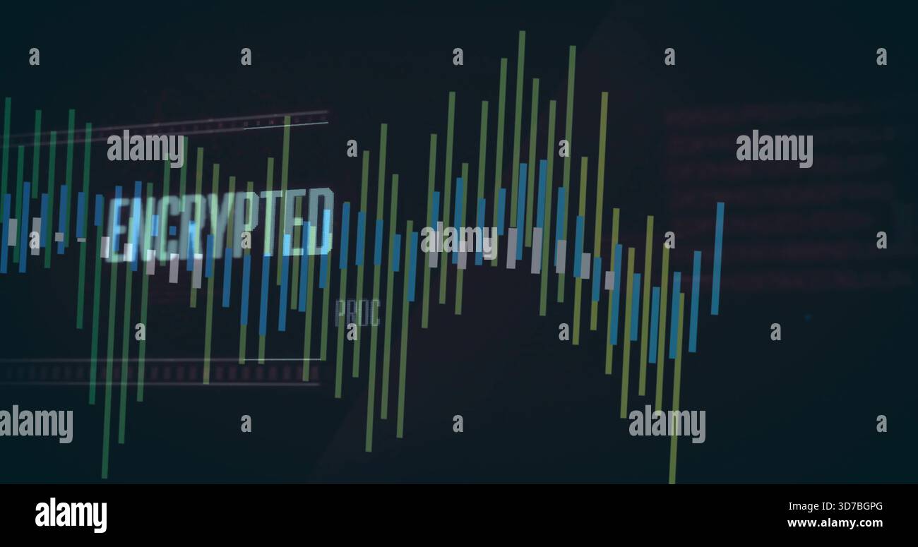 Displaying waveform bars pulsing on digital dashboard, showing ENCRYPTED label and UI grid Stock Photo