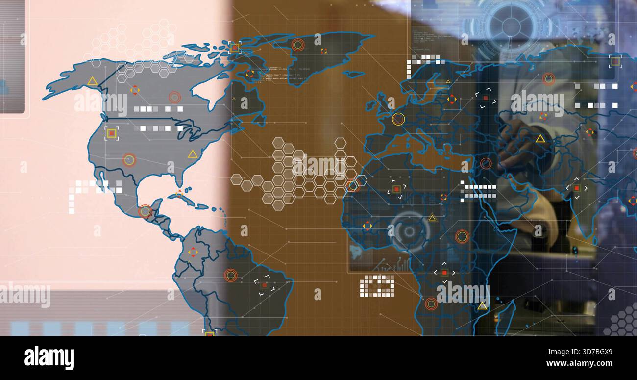 Displaying tech map UI on control screen showing hex grid, device reflection wearing dark top Stock Photo