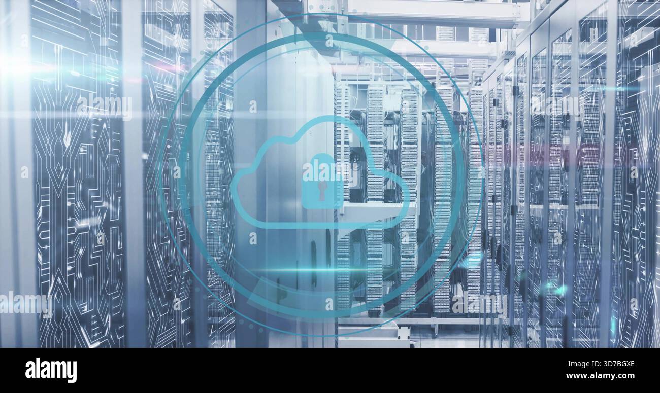 Displaying blue cloud security overlay with padlock hovering over datacenter aisle, with racks Stock Photo