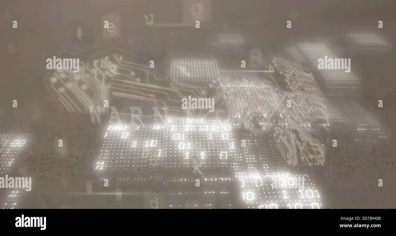 Projecting glowing panels hovering over sepia textured surface, with binary code and circuit traces Stock Photo