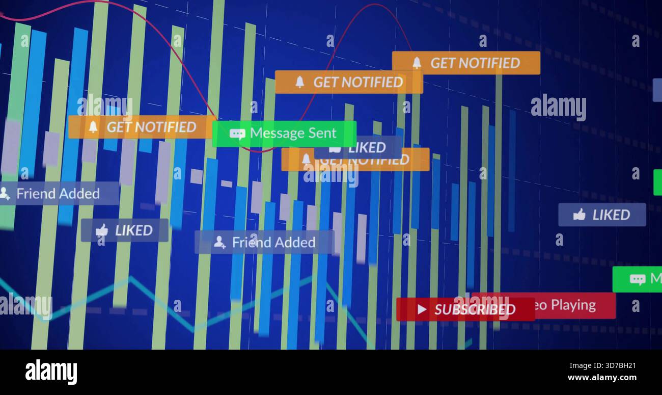 Displaying centered data panel on dark blue grid, showing vertical bars, line graphs, alert badges Stock Photo