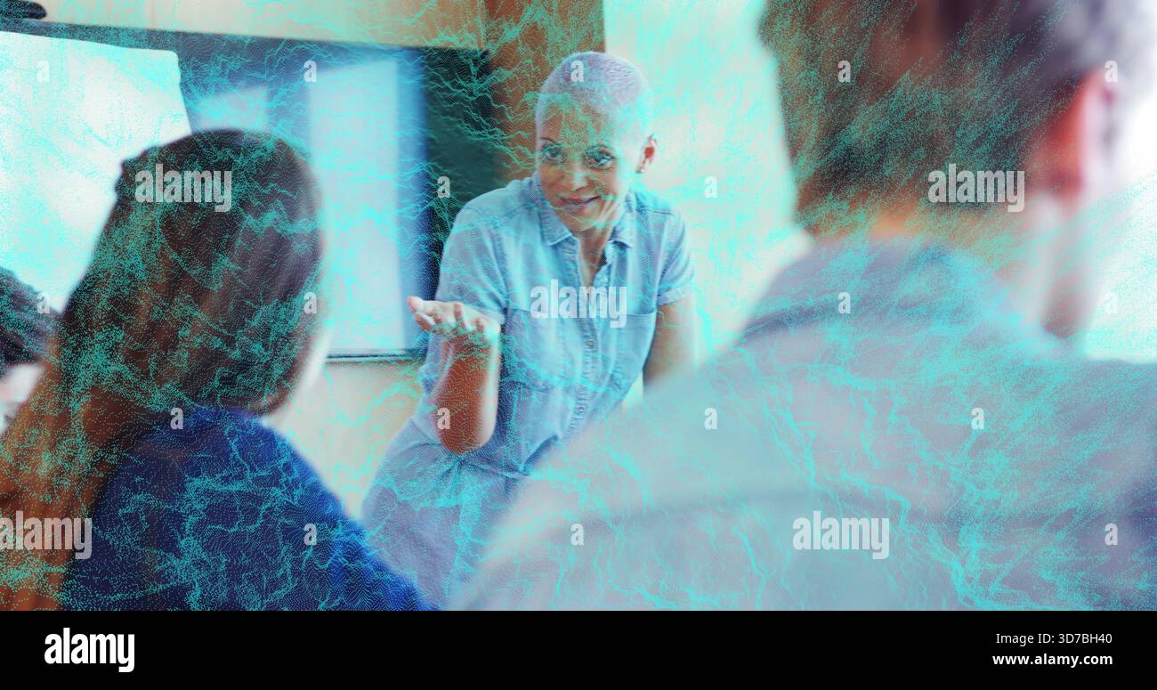 Leading mature woman in light shirt leaning forward and inviting input ...