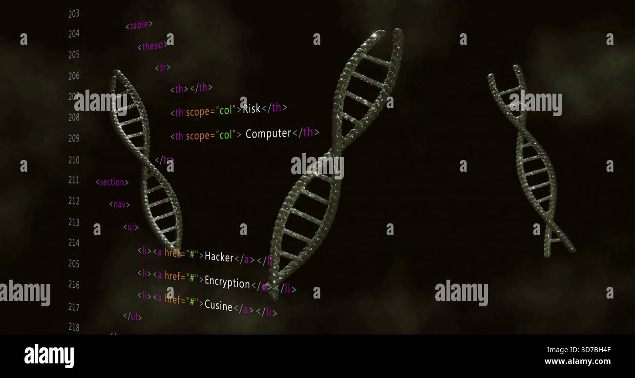 Floating metallic beaded double-helix models rotating in dark smoky void, with numbered code column Stock Photo