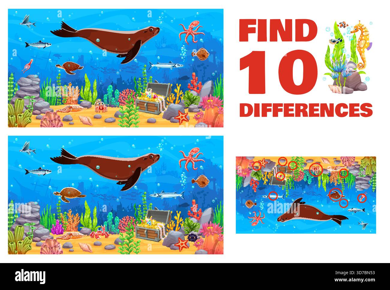 Kids game find ten differences on underwater sealife landscape with ...