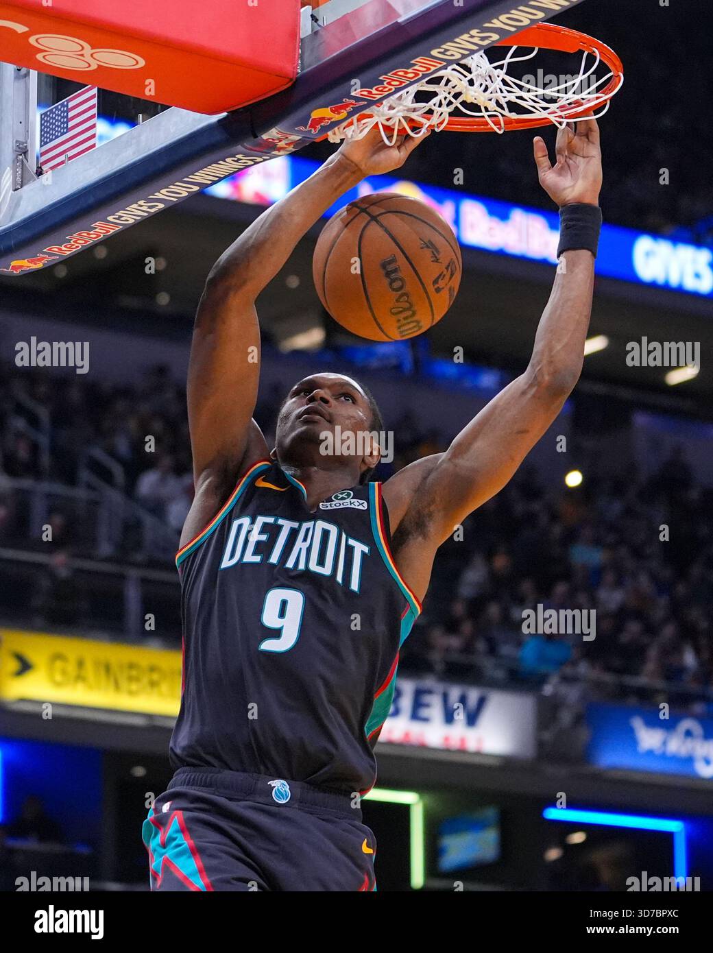 Detroit Pistons guard Ausar Thompson (9) gets a basket on a dunk ...