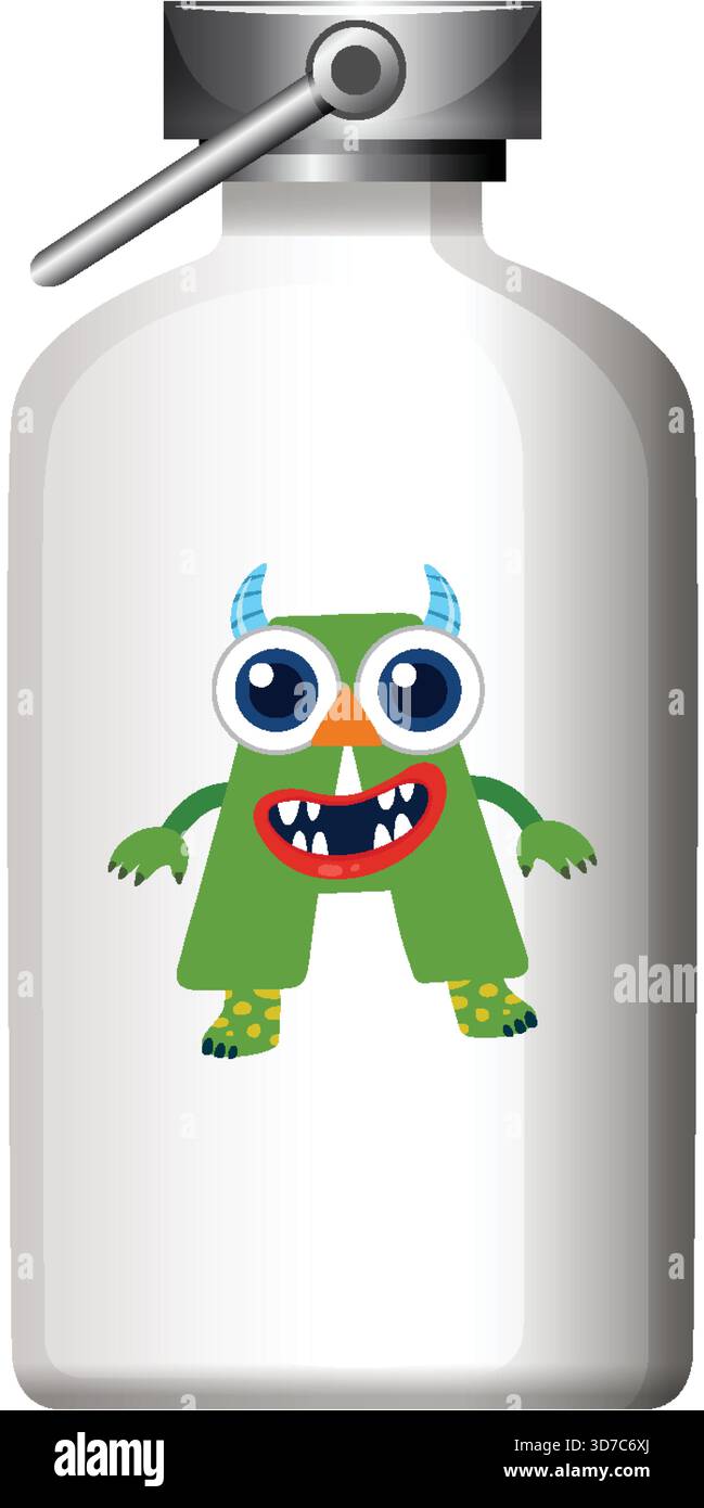 White metal water bottle featuring colorful, playful cartoon monster illustration in flat vector style Stock Vector