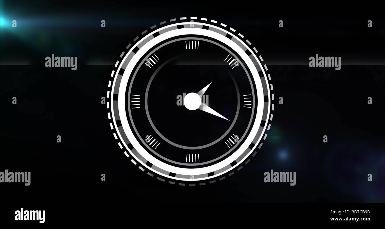 Displaying HUD dial showing concentric rings, central hub and triangular pointers on dark canvas Stock Photo