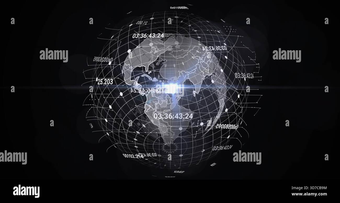 Rotating 3D holographic globe projecting data in virtual interface, with timecodes and nodes Stock Photo