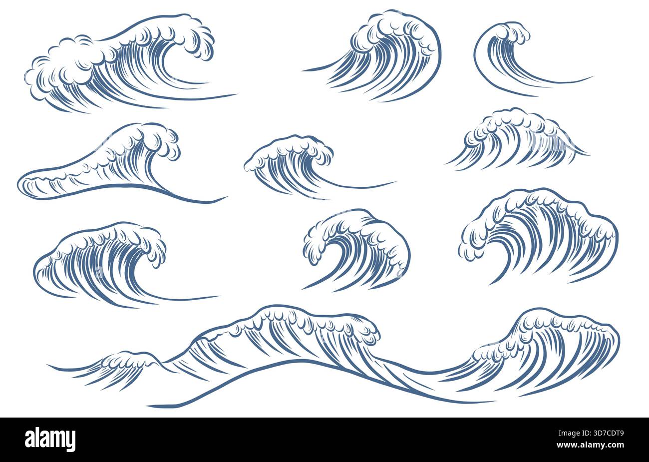Vector set of stylized ocean waves in a hand-drawn Japanese inspired ...