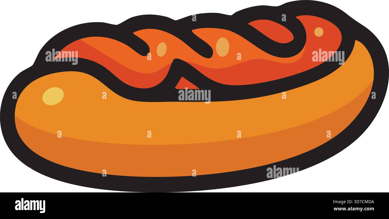A hot dog sausage in a bun with a simple garnish, drawn in a bold flat style. Stock Vector