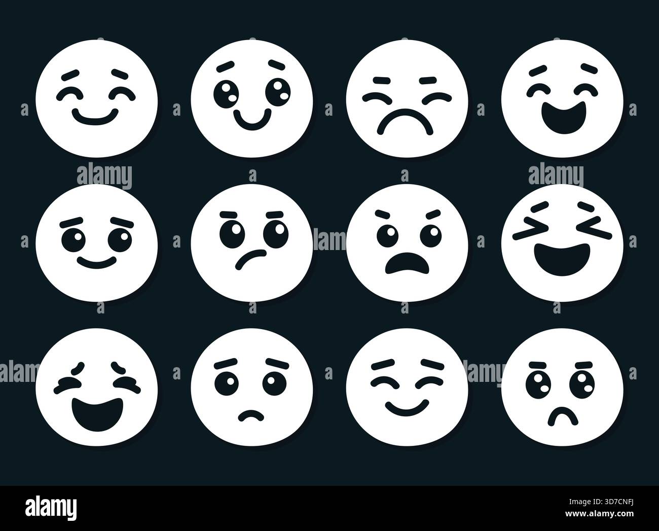 set of white round emoji faces with various emotions on dark background ...