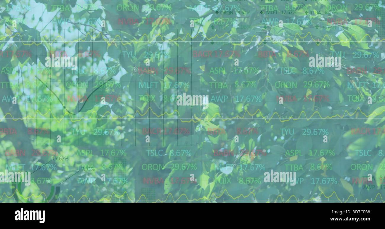 Displaying dense foliage merging with faint market overlay in canopy, with yellow line and tickers Stock Photo