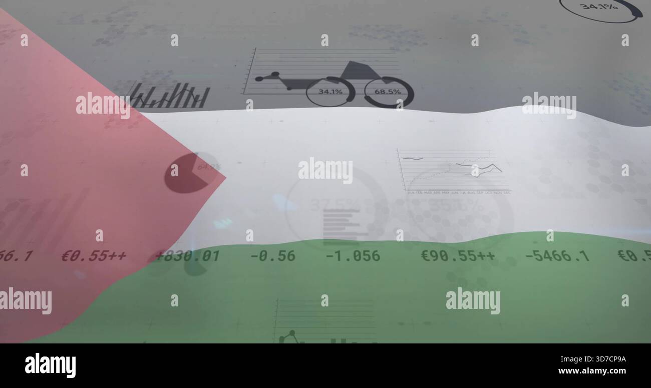 Displaying translucent tricolor flag overlaying data panel, pie, line, bar charts, â‚¬ numbers Stock Photo