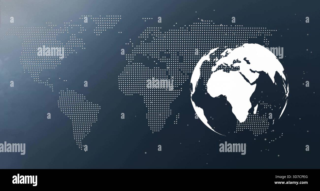 Displaying white globe occupying right on dark blue gradient, dotted halftone map left, copy space Stock Photo