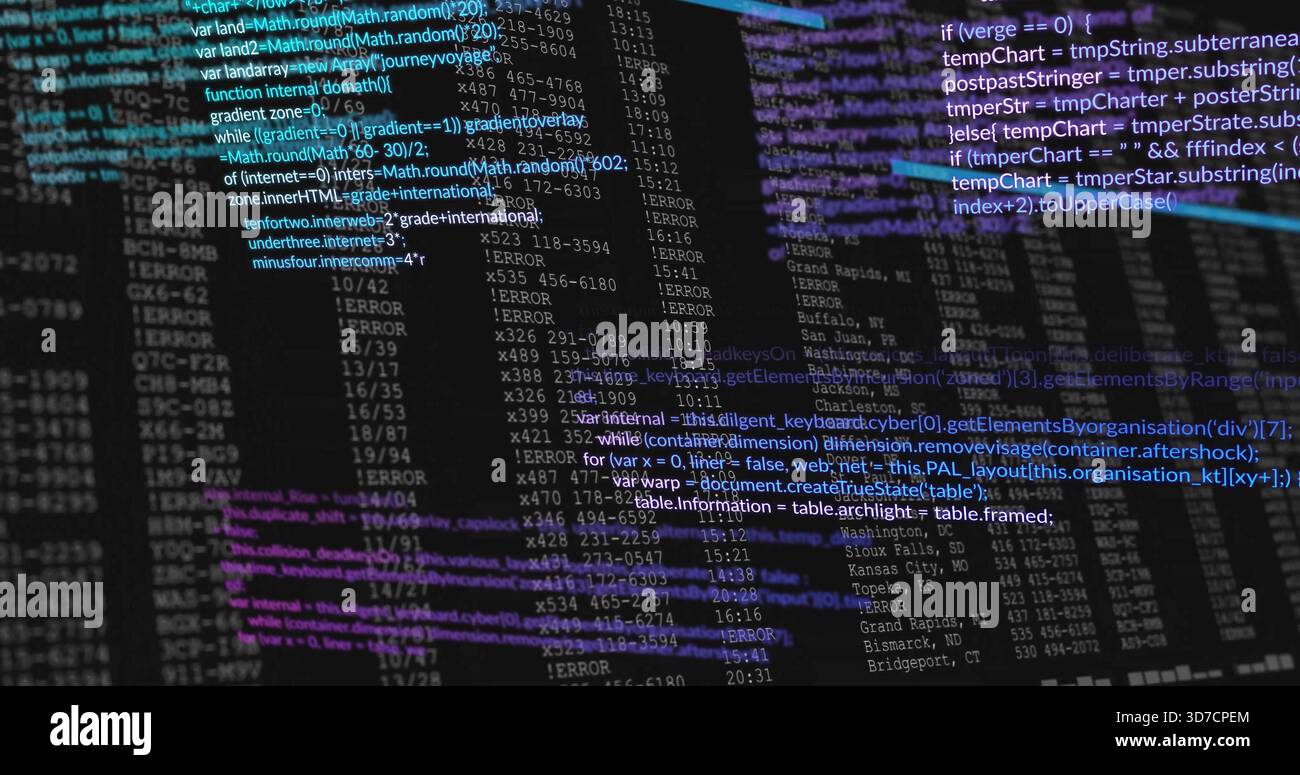 Displaying central source code and error log table at dev desk, with flat-panel monitors Stock Photo
