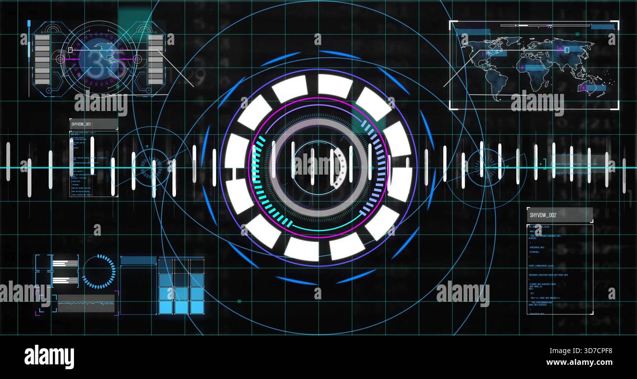 Displaying central concentric HUD rotating on control dashboard, showing waveform tick bar and map Stock Photo
