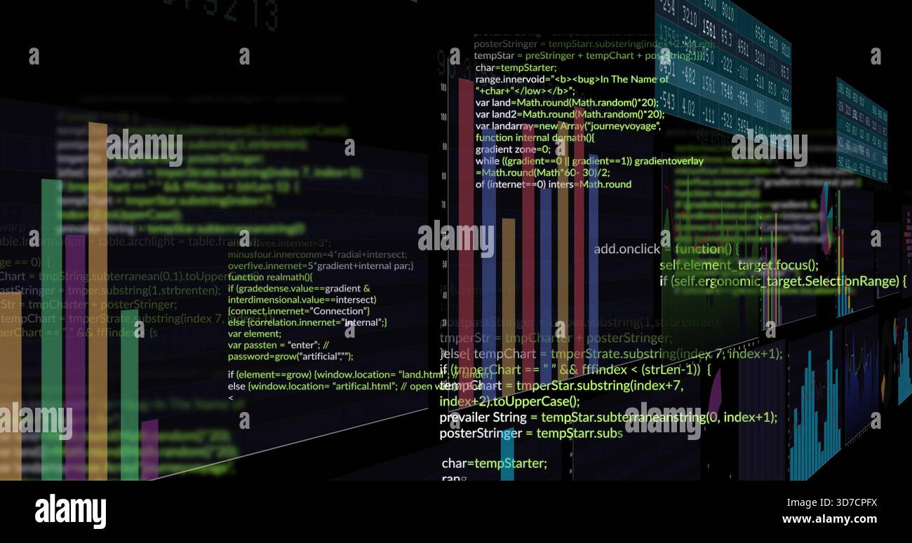 Displaying central multicolored bar charts floating in 3D dashboard, with overlaid code snippets Stock Photo