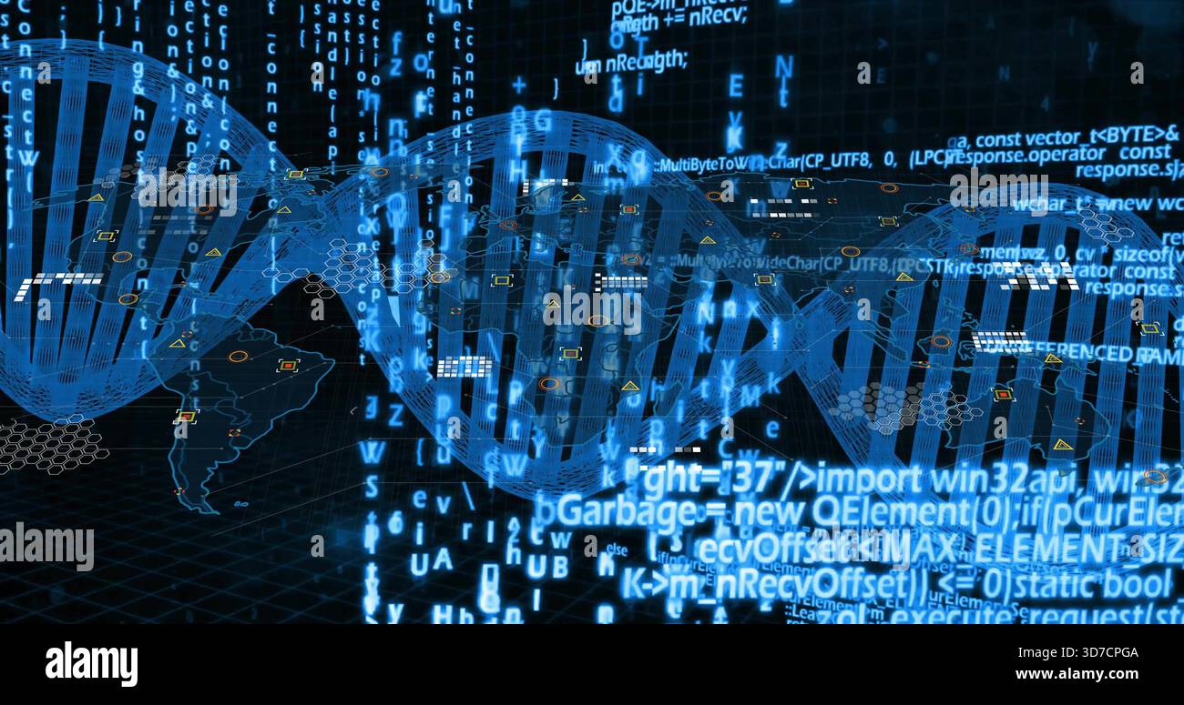 Displaying translucent DNA helix twisting across data interface, with streaming code and world map Stock Photo