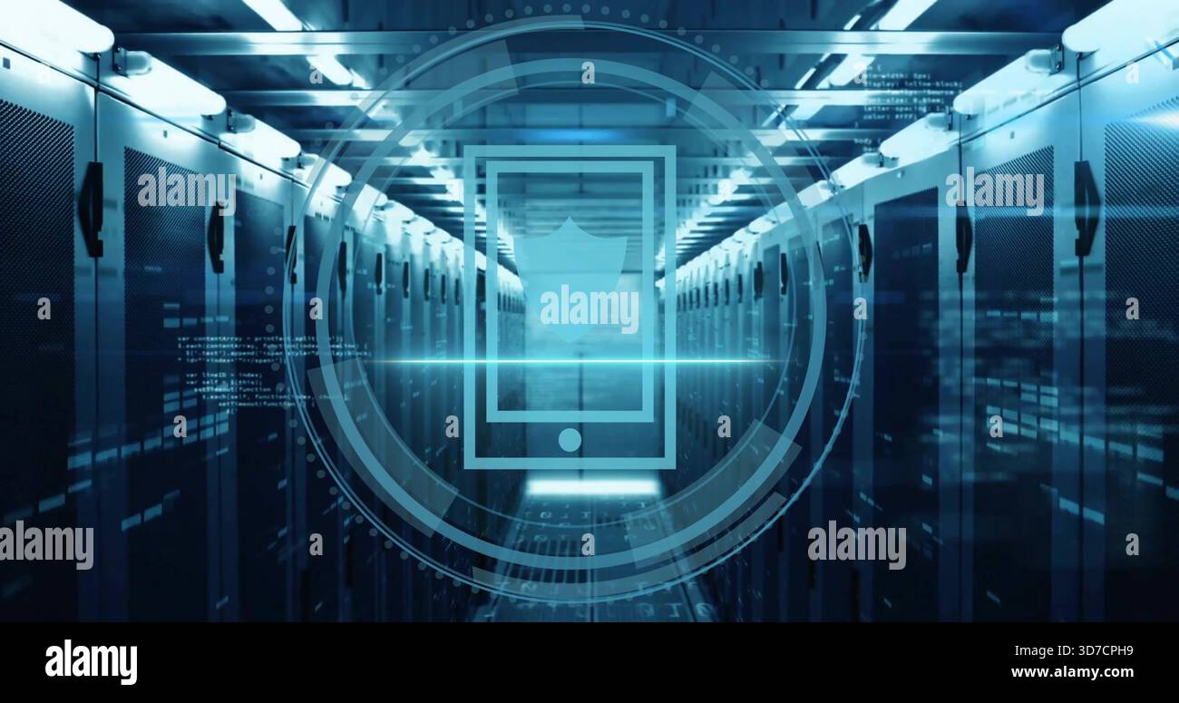 Projecting central holographic security graphic hovering over data center aisle, with server racks Stock Photo