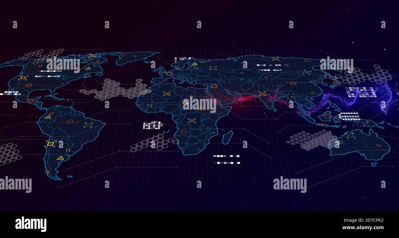 Displaying neon blue wireframe world map on tilted 3D virtual dashboard, with hexagonal clusters Stock Photo