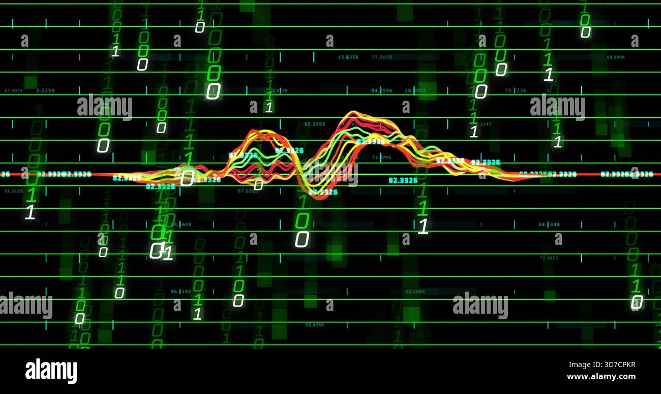 Displaying multicolored waveform flowing across digital dashboard, with binary digits, grid lines Stock Photo