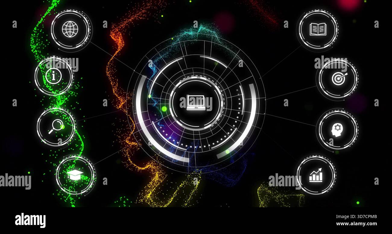 Showing central HUD laptop icon segmented arcs radial links eight icons ...