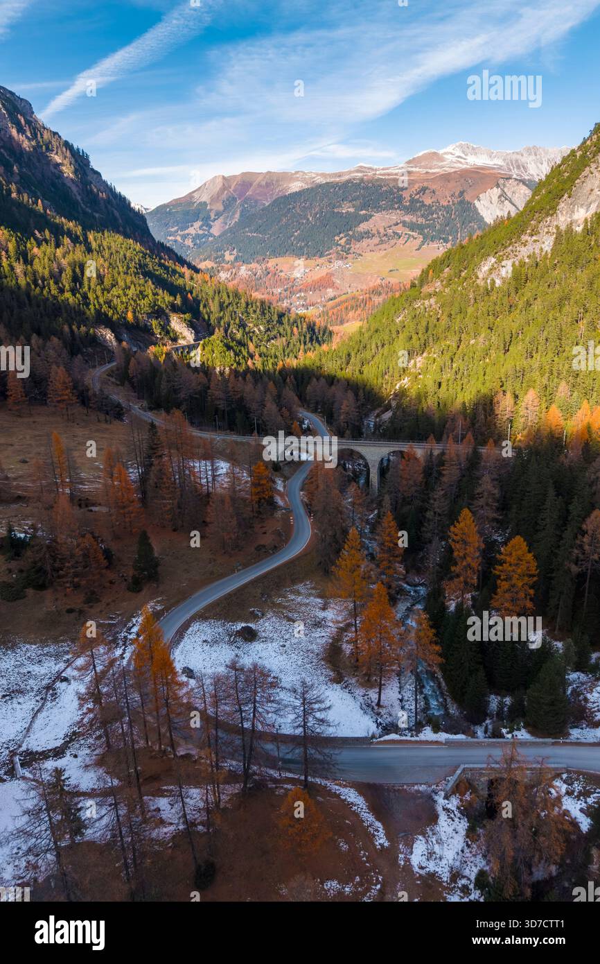 Filisur Pass Aerial view of the Albula valley and pass with the Rhaetian Railway ...