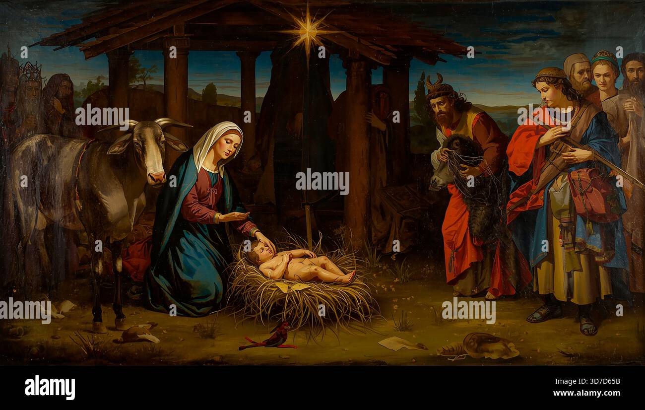 Classic nativity scene with Holy Family, shepherds and Three Wise Men ...