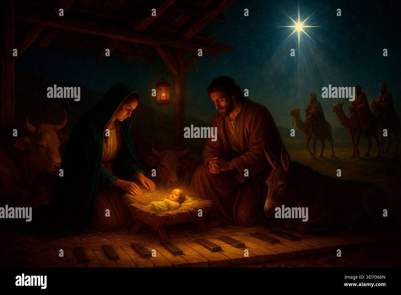 Nativity scene with Holy Family, glowing star and approaching Three ...