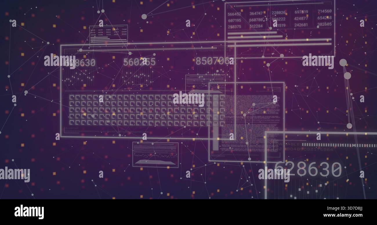 Displaying translucent UI panel with keyboard grid and large numbers in data dashboard nodes Stock Photo