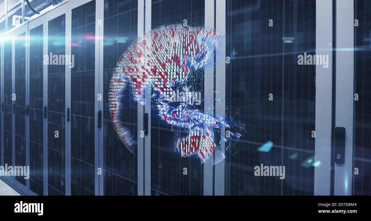 Hovering holographic sphere projecting colored data in cooled data center aisle, with LED lights Stock Photo