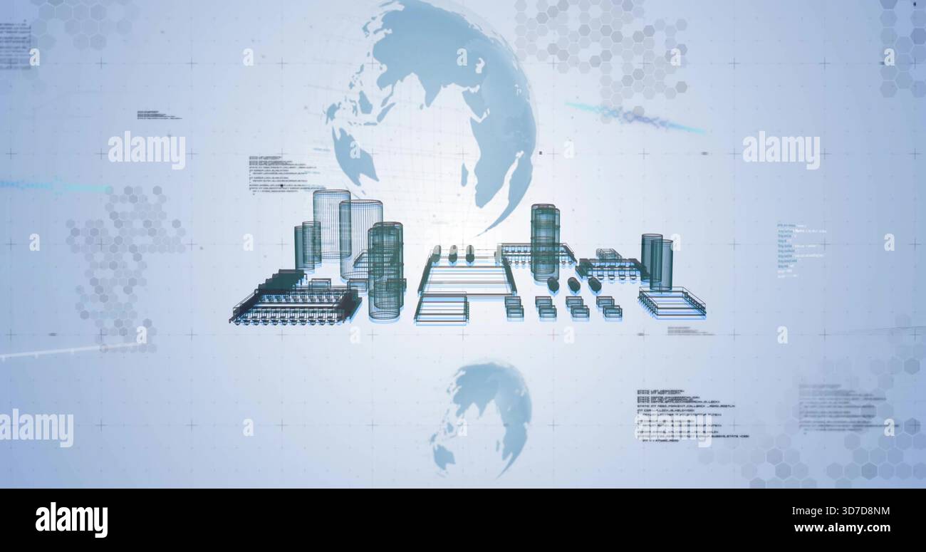 Displaying central 3D industrial complex floating on pale blue grid, with tanks, modules, wireframe Stock Photo