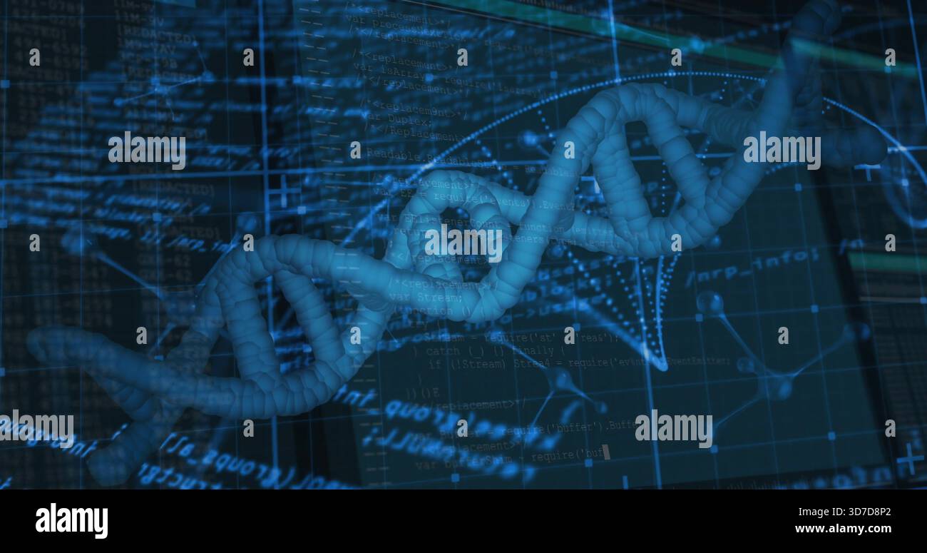 Twisting central 3D DNA double helix glowing across virtual laboratory display, with overlaid code Stock Photo