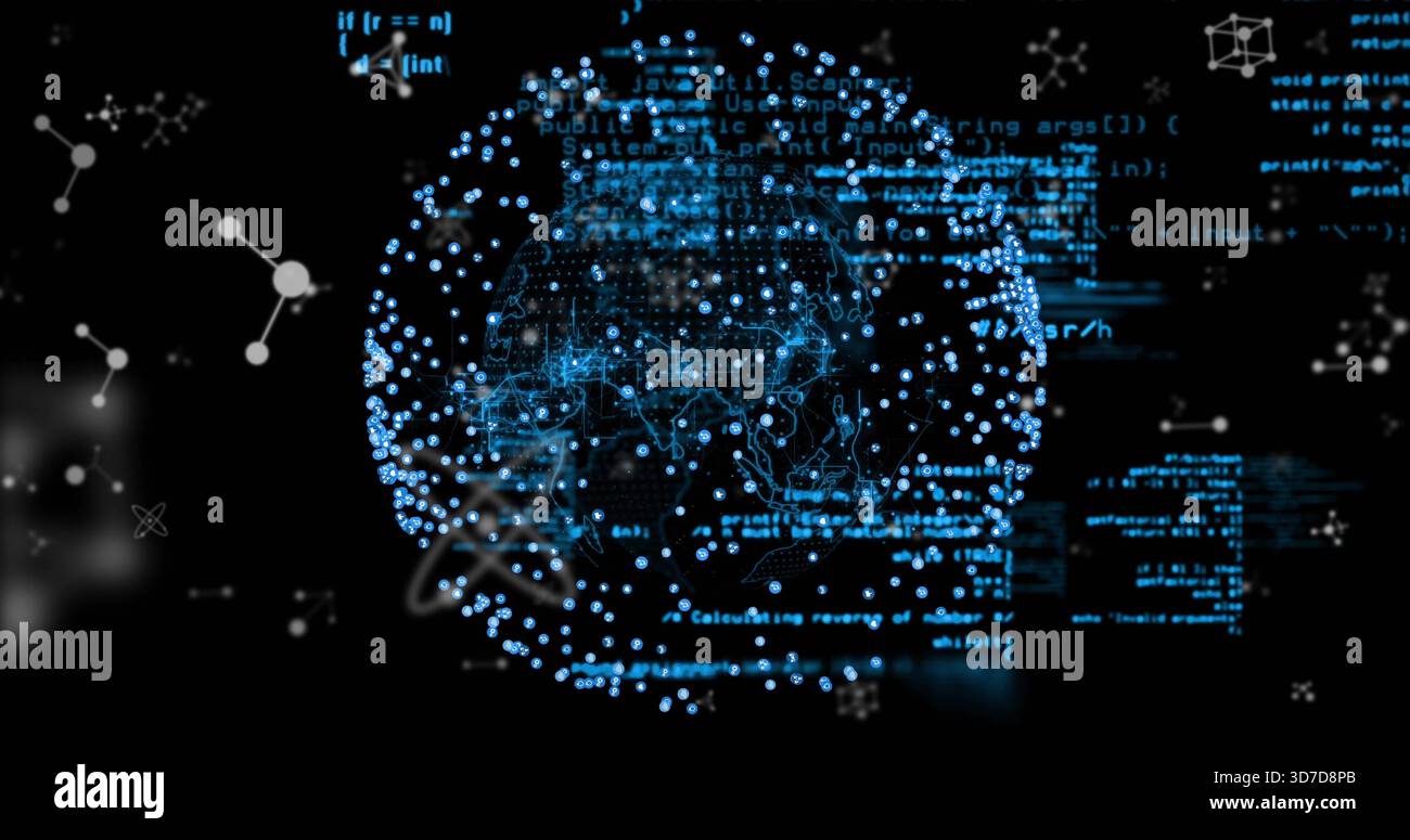 Pulsing data globe displaying cyan nodes and code overlays in virtual black space, with molecules Stock Photo