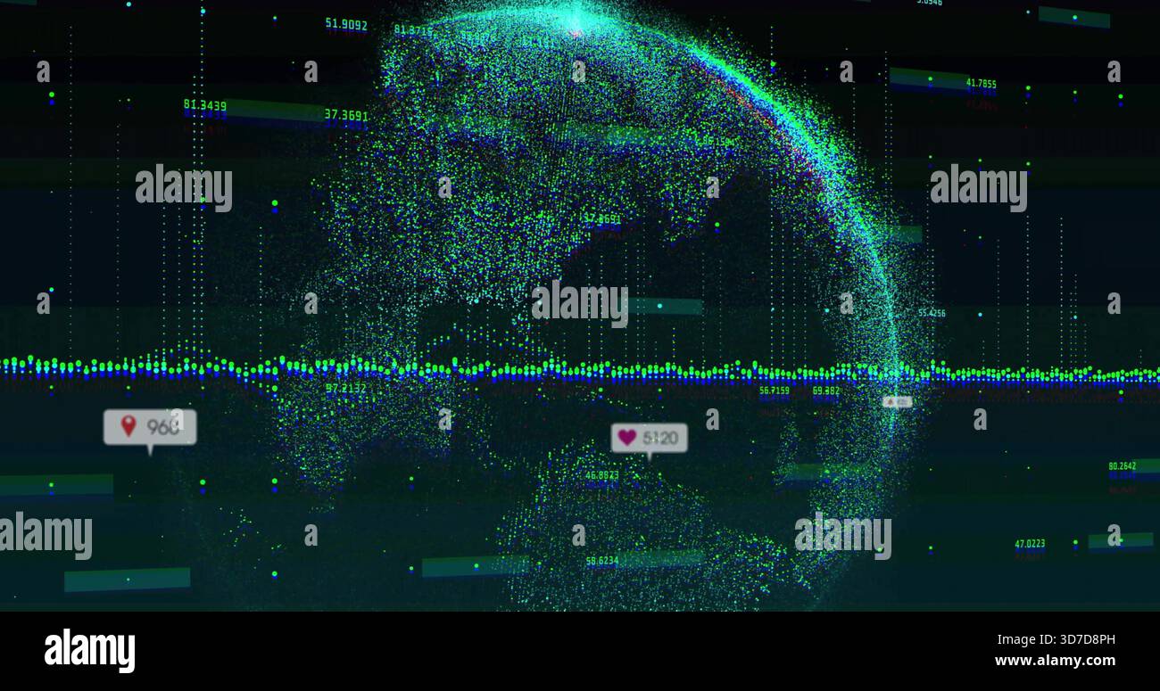 Displaying point-cloud globe rotating in data UI, showing waveform, grid, map-pin 968, heart 51:20 Stock Photo