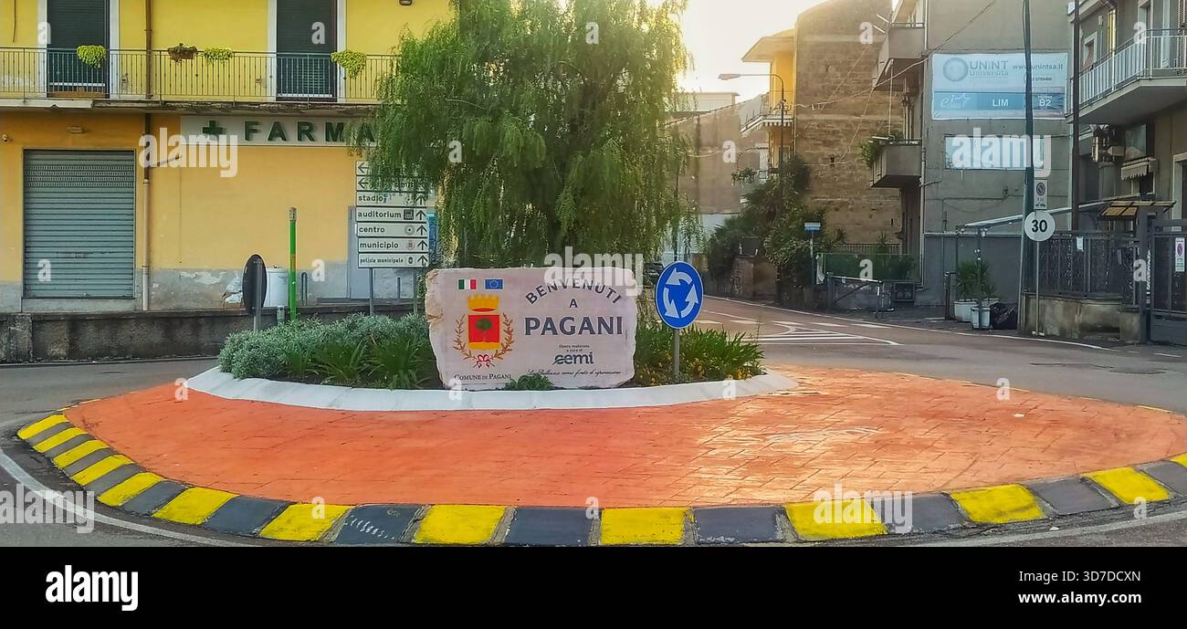 The new road roundabout at the entrance to the city of Pagani in the province of Salerno. - Stock Image