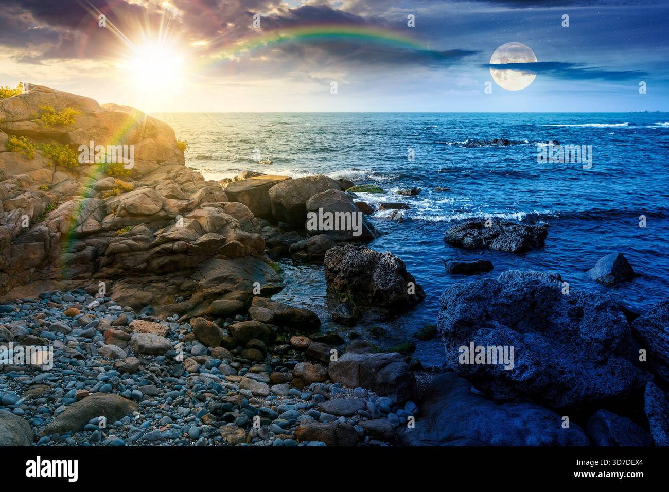 weekend on a rocky beach at the sea. day and night time change concept. beautiful coastline on summer solstice. seascape scenery with clouds above hor Stock Photo