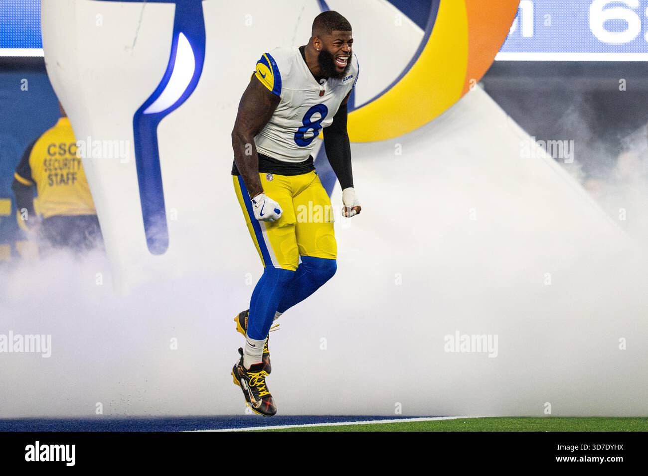 Los Angeles Rams linebacker Jared Verse (8) takes the field during a ...