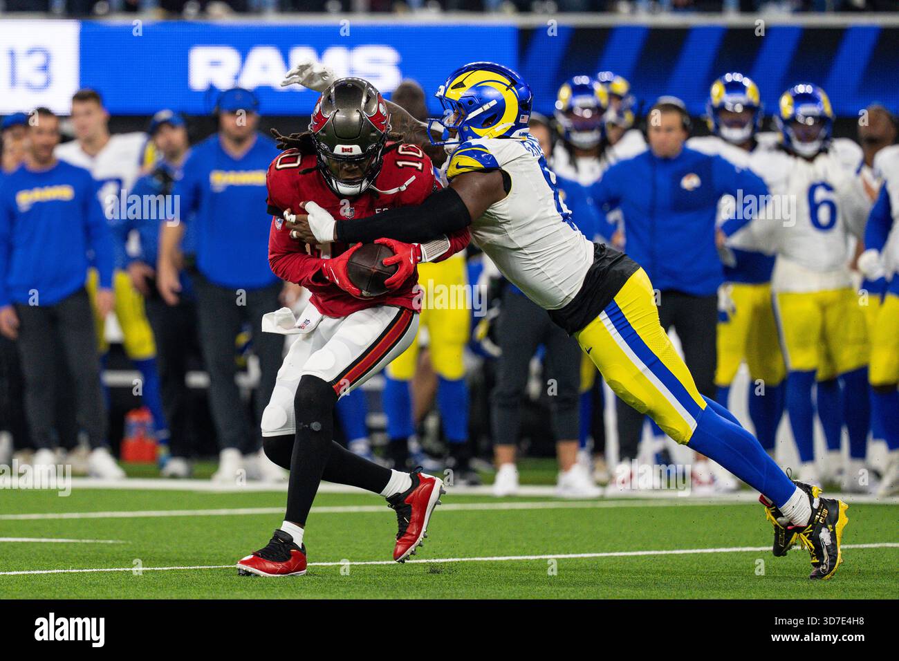 Los Angeles Rams linebacker Jared Verse (8) sacks Tampa Bay Buccaneers ...