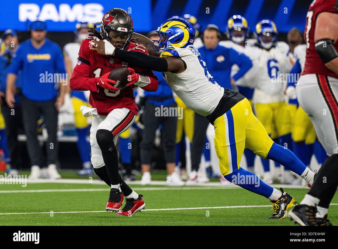 Los Angeles Rams linebacker Jared Verse (8) sacks Tampa Bay Buccaneers ...