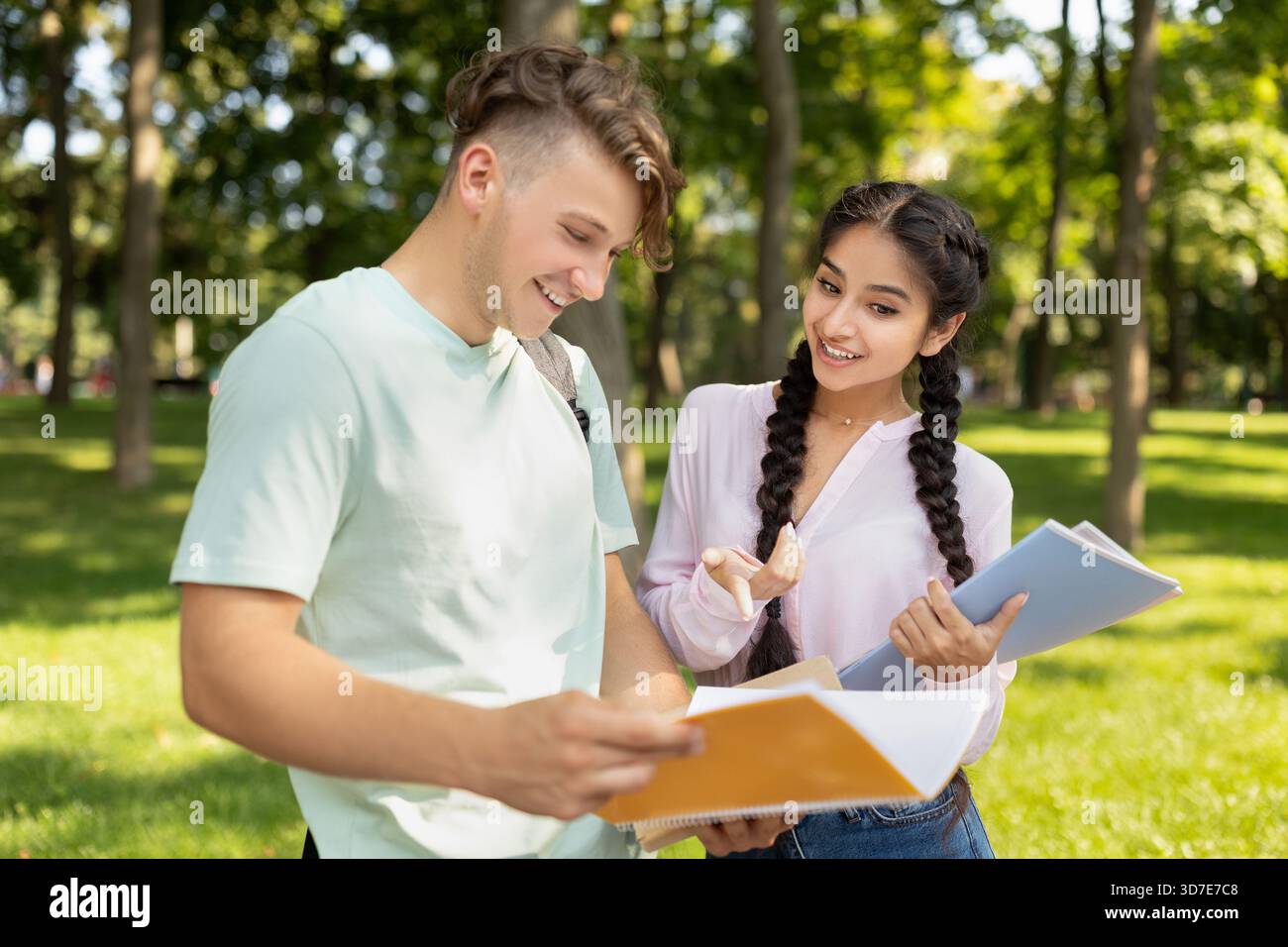 Students Collaborating Outdoors While Reviewing Notes in a Park on a Sunny Day Stock Photo