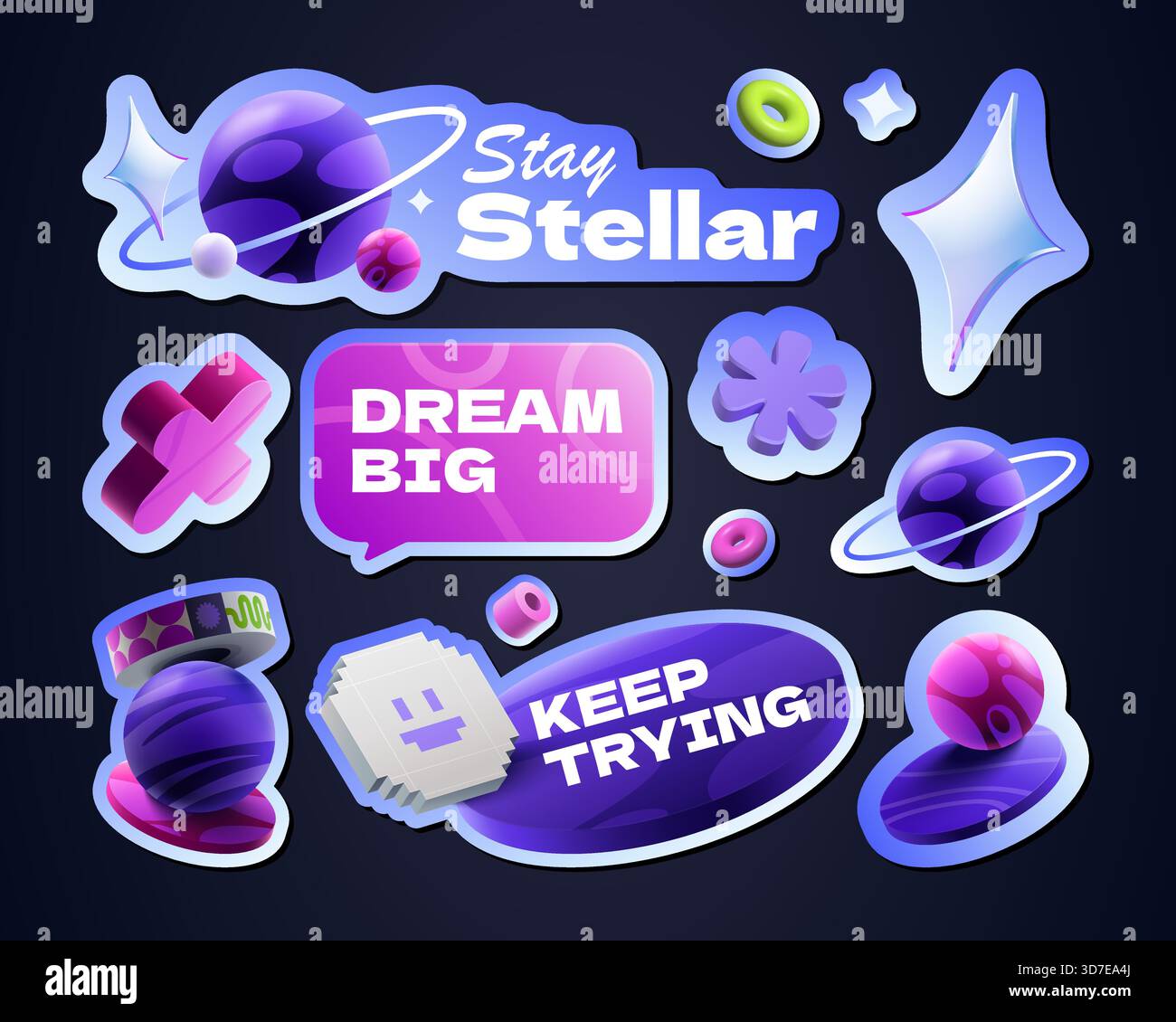 Sticker sheet collection with planets rings icons and motivational text ...