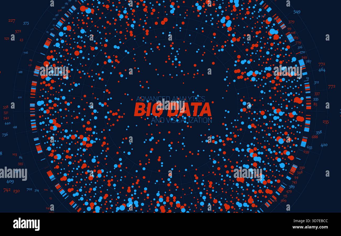 Round big data information visualization. Social network, financial analysis of complex databases. Visual information complexity clarification Stock Vector