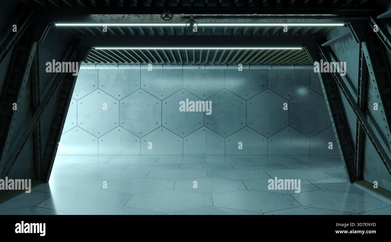 Eerie, cold, and spacious interior of a futuristic underground bunker ...
