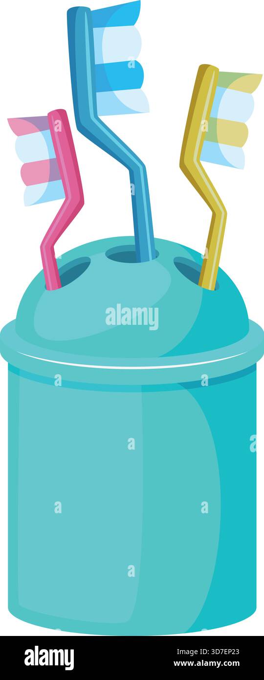 A blue container with three toothbrushes in it Stock Vector