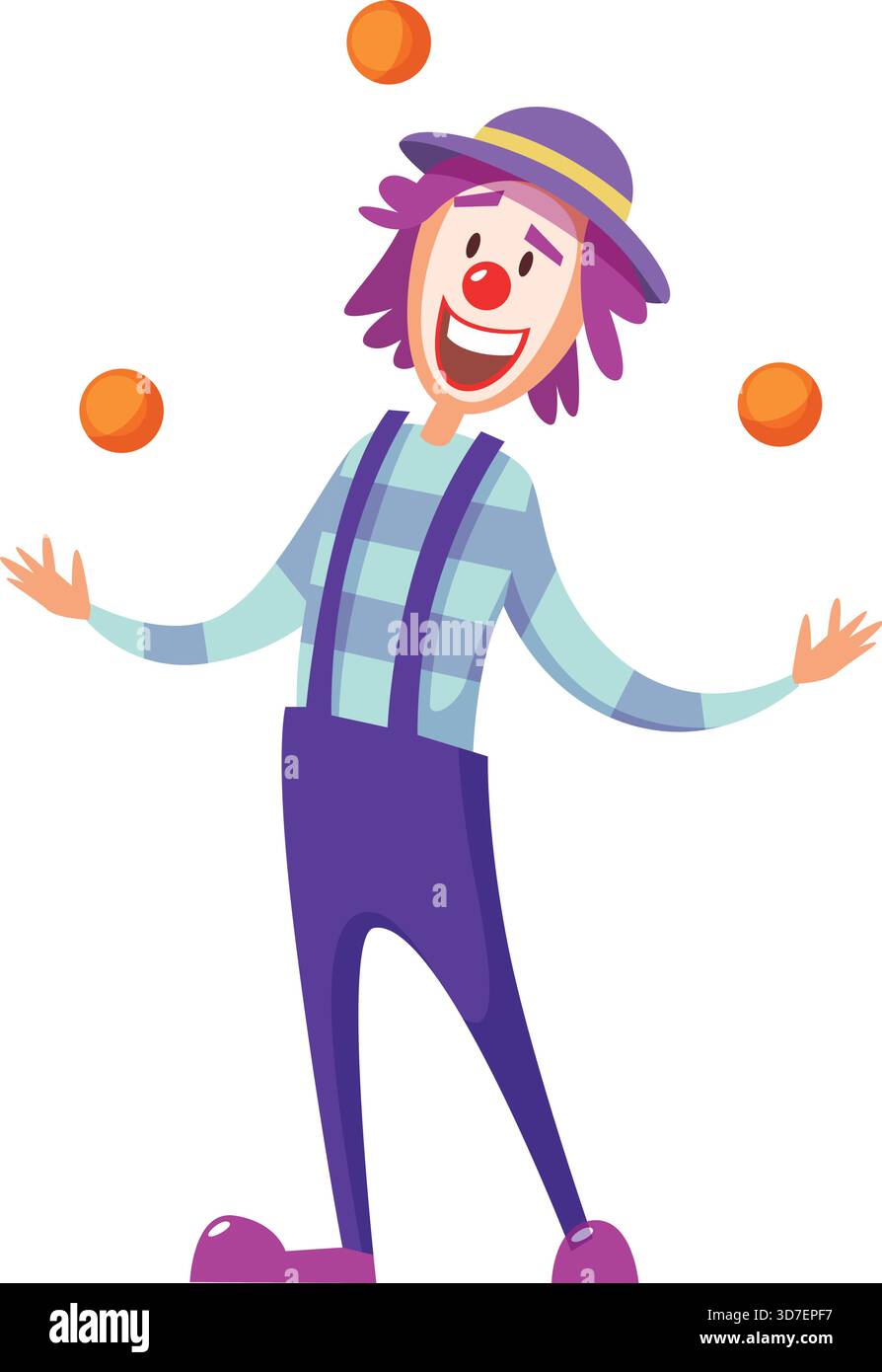 A clown is juggling oranges. He is smiling and he is happy. The
