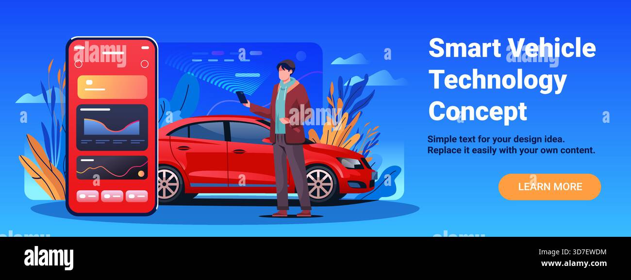 Smart vehicle technology concept man using smartphone controls red car digital dashboard modern interface blue background web banner Stock Vector
