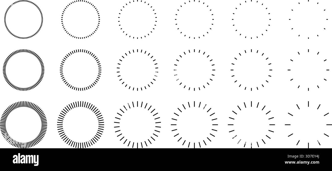 Line rays in a circle. Round frame pattern with geometric strokes. Ring of dash outline elements. Stock Vector