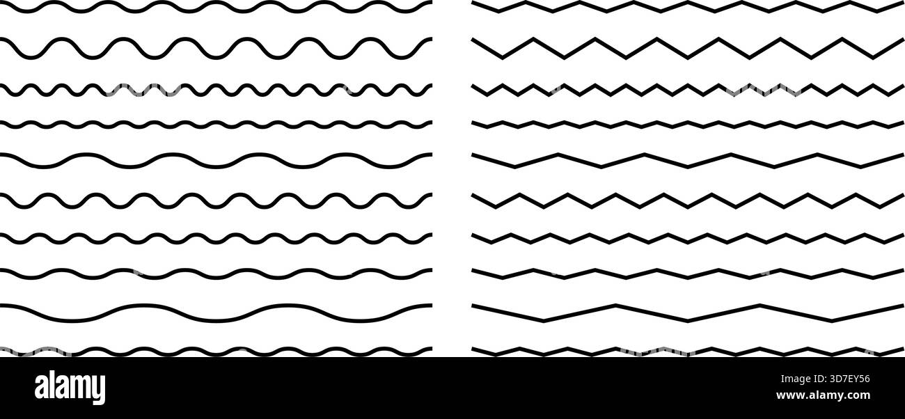 Corrugated wave collection featuring sine curves. Horizontal zigzag patterns with amplitude variations, squiggly lines, and undulating graphic elements. Stock Vector