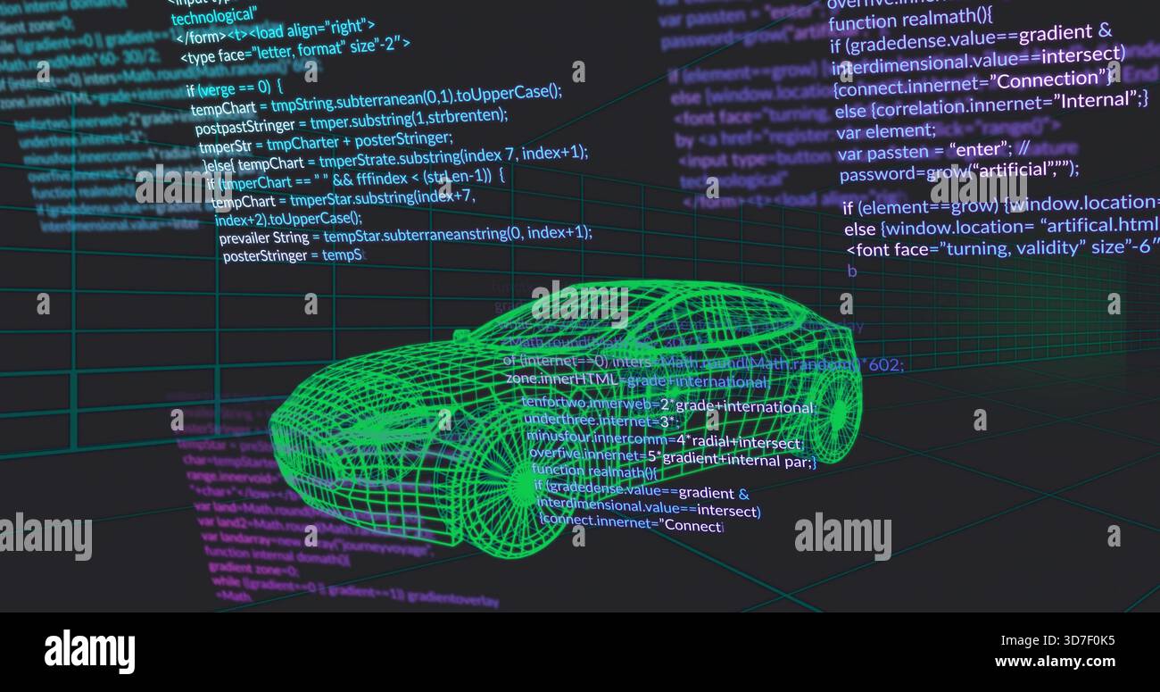 Rendering green wireframe car model hovering over grid plane in virtual workspace, with code panels Stock Photo